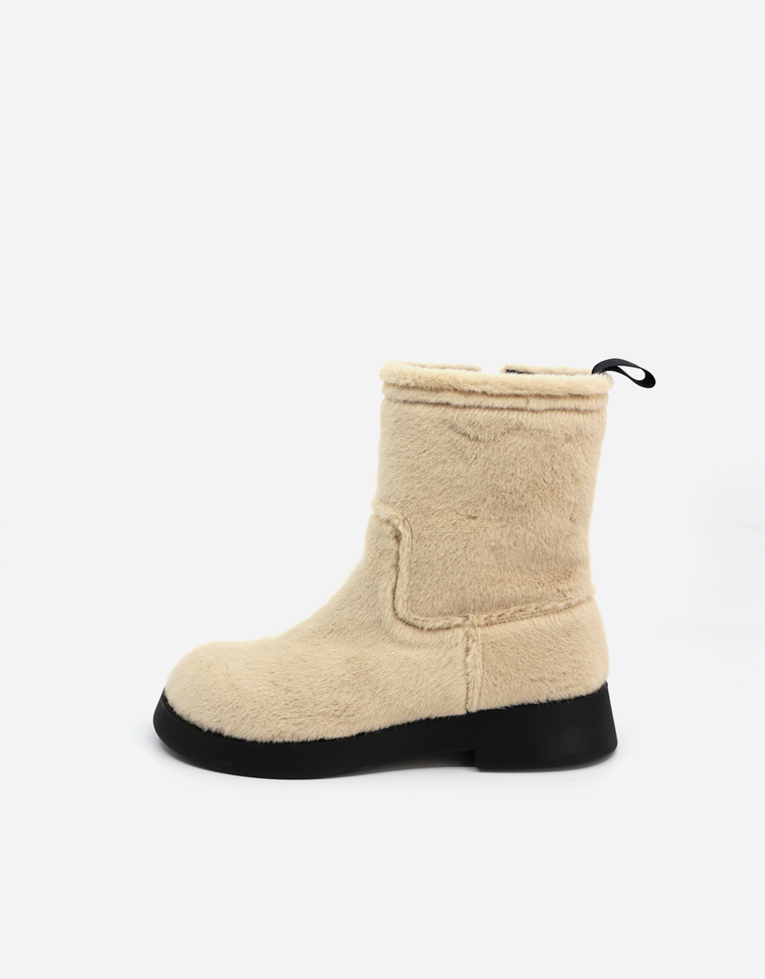 BEIGE ROUND TOE FUR ANKLE BOOTS