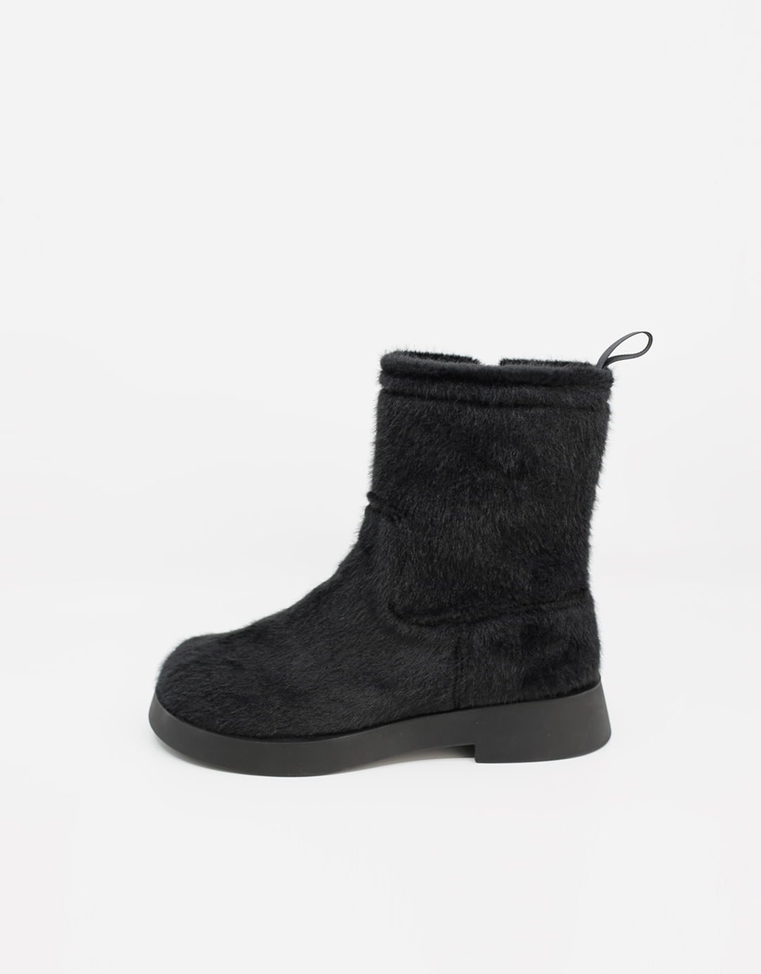 BLACK ROUND TOE FUR ANKLE BOOTS